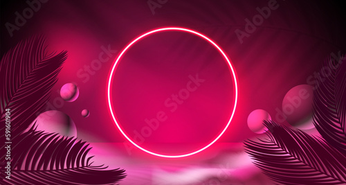 Frame neon poster, dark tropical retro banner, cyberpunk art. Vector illustration