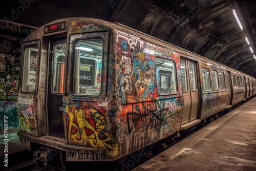 old tram in the city with graffiti created with Generative AI technology