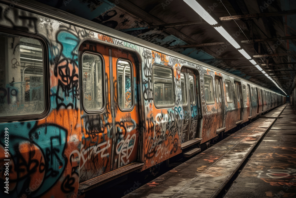 Obraz premium old tram in the city with graffiti created with Generative AI technology