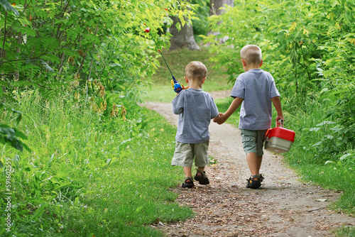 Boys on Path with Fishing Gear photo