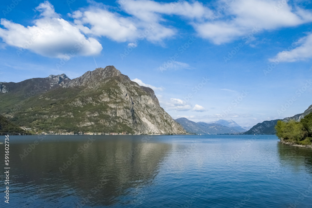 Como lake in Italy, view from Lecco, with Bellagio and mountains in background
