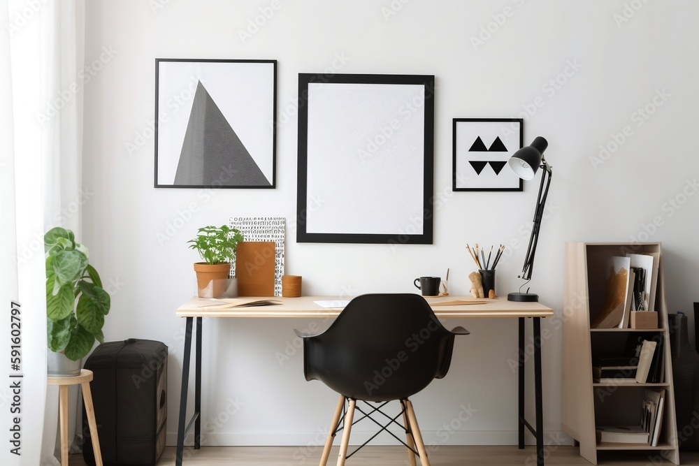 mock up poster frame in modern and simple working space interior background mock up poster frame in modern and simple working space interior background