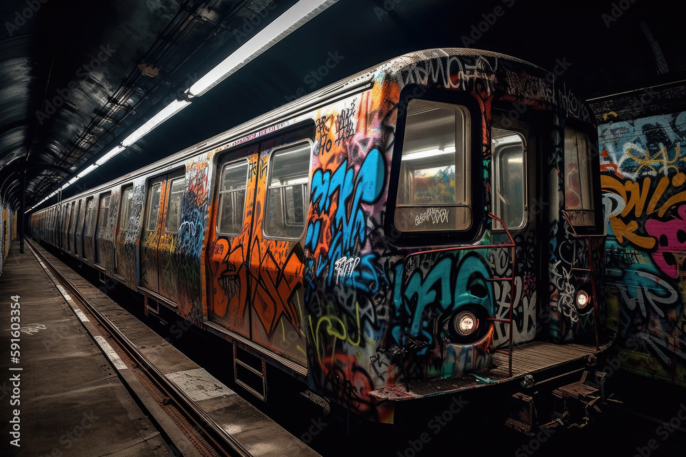 old tram in the city with graffiti created with Generative AI technology