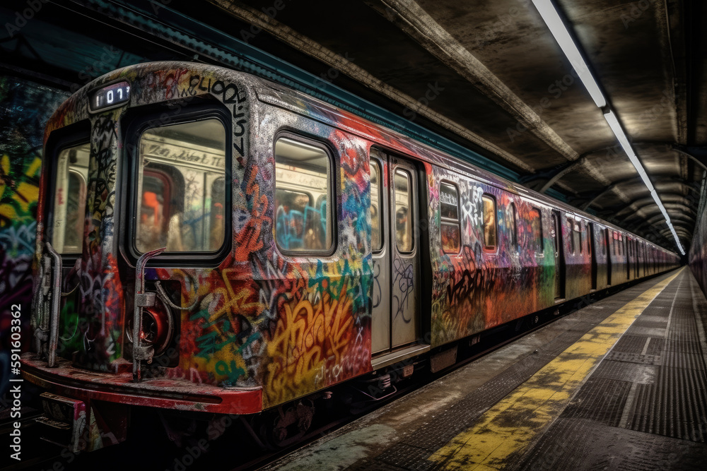 Obraz premium old tram in the city with graffiti created with Generative AI technology