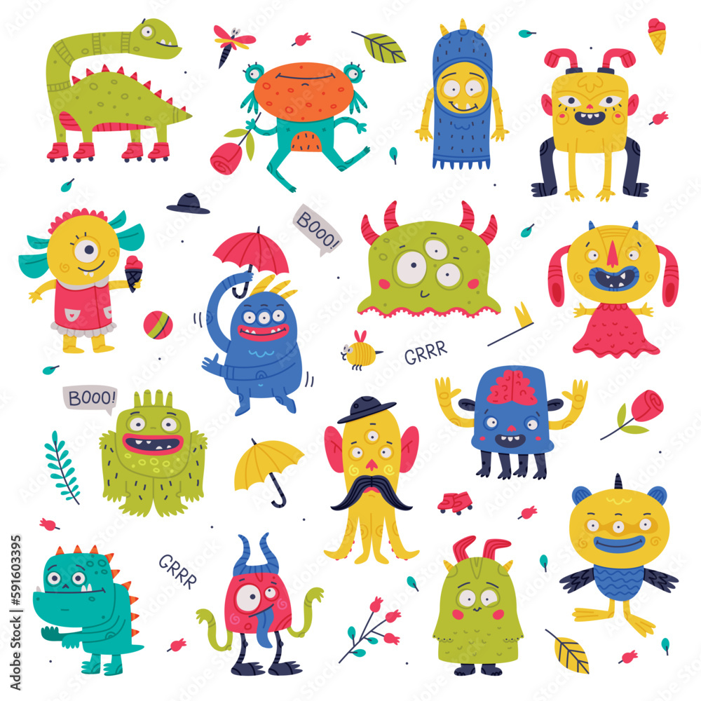Fototapeta premium Funny Monster with Horns and Toothy Mouth Vector Set