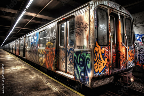 old tram in the city with graffiti created with Generative AI technology