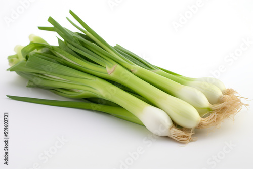 A bunch of green onions on a white background