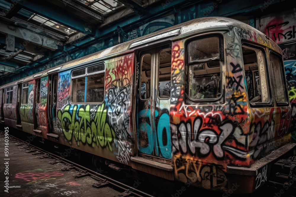 old tram in the city with graffiti created with Generative AI technology old tram in the city with graffiti created with Generative AI technology