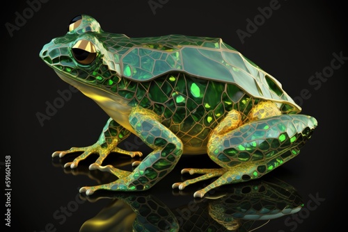 A green frog on a black background with reflection, created with generative ai