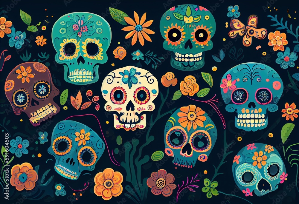 Sugar Skulls Cartoon Style 2d Flat Wallpaper. Generative AI