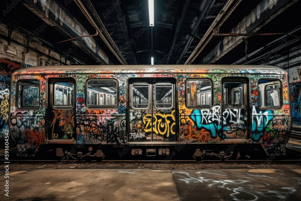 old tram in the city with graffiti created with Generative AI technology - obrazy, fototapety, plakaty 