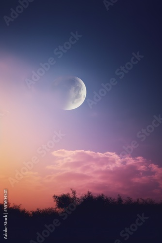 the moon shines over the treetops in a pink sky