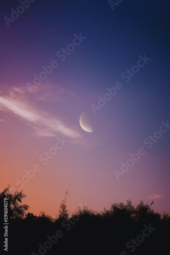 the moon shines over the treetops in a pink sky