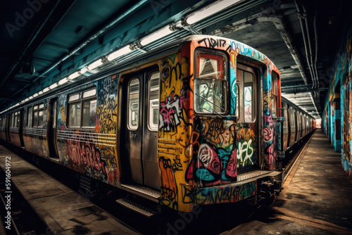 Wallpaper Mural old tram in the city with graffiti created with Generative AI technology Torontodigital.ca