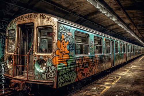 old tram in the city with graffiti created with Generative AI technology