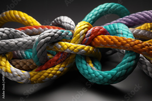 Close-up view of knot of multicolored ropes, created with Generative AI