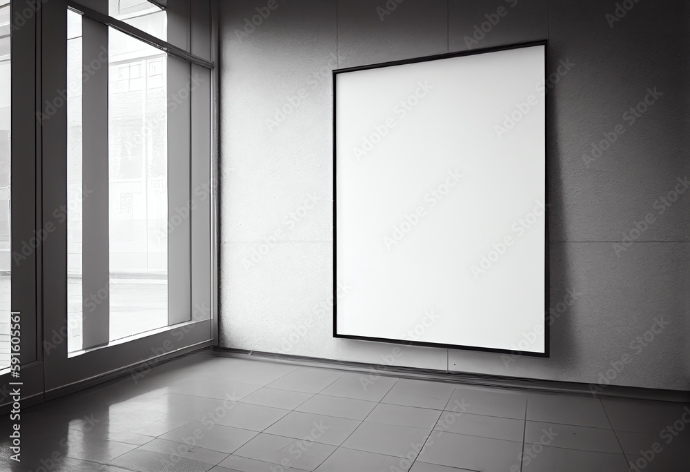Fototapeta premium An empty advertising billboard frame on the wall of an office, signifying the concept of advertising propaganda and empty space. Generative AI