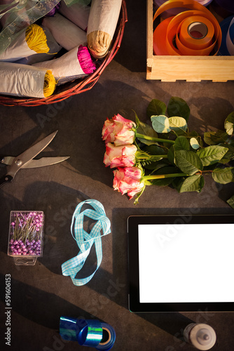 Digital table and flowers with ribbons