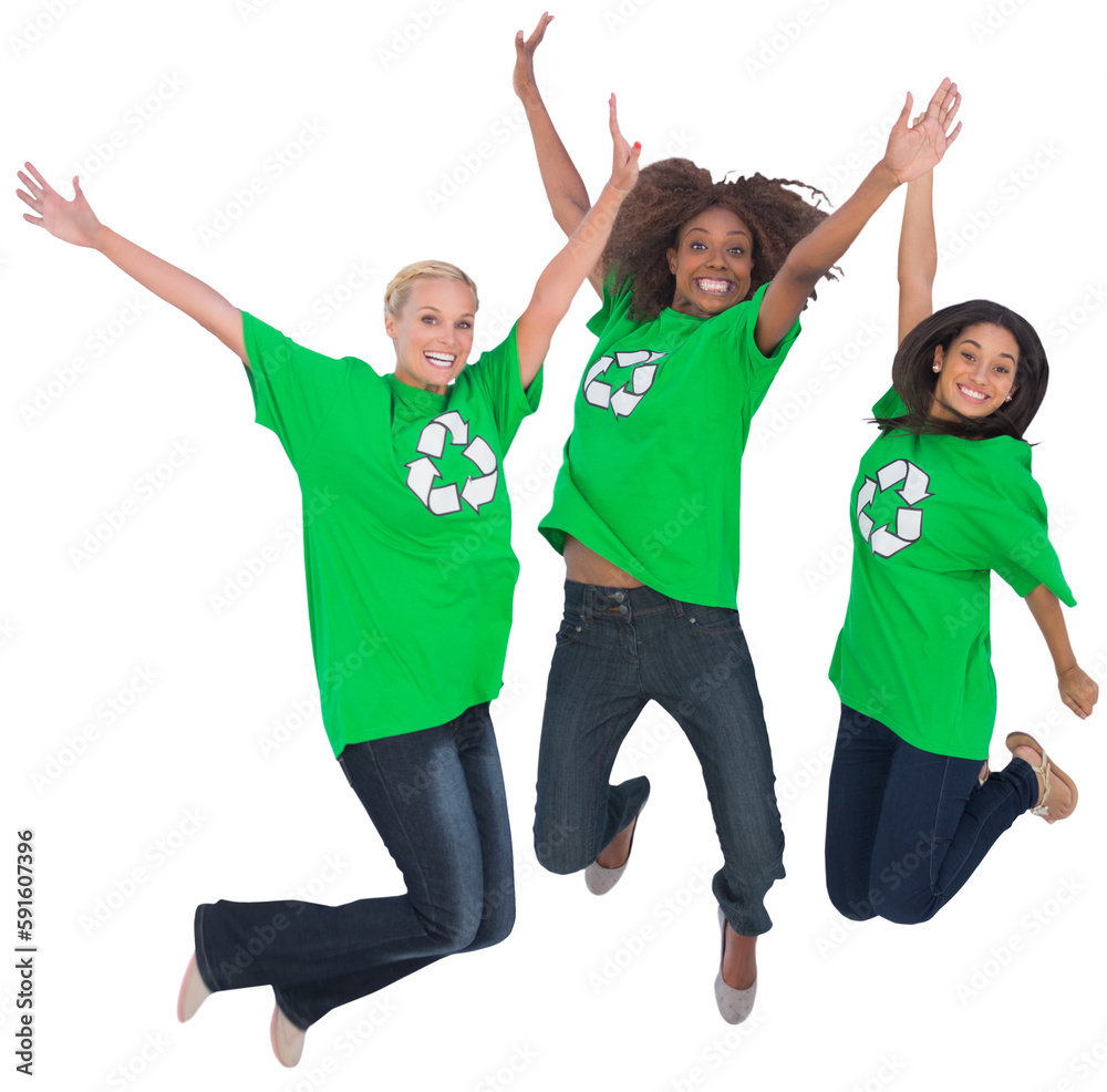 Enviromental activists jumping and smiling Enviromental activists jumping and smiling