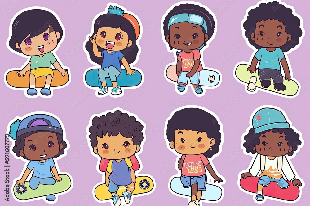 Illustrations sticker set children with skateboard. Generative Ai.
