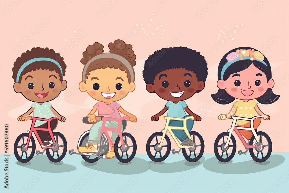 Group of happy kids riding bikes. Generative Ai. Group of happy kids riding bikes. Generative Ai.
