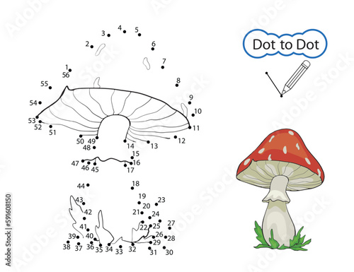 Dot to dot game. Finish the image of mushroom. Kids drawing riddle on activity page and coloring book. Drawn by numbers. Children education worksheet. Vector illustration.
