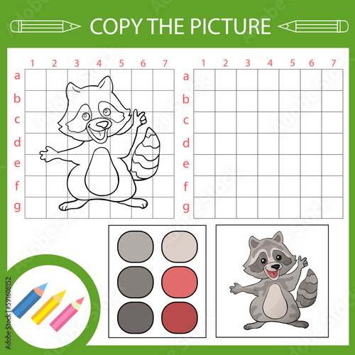 Kids activity page and draw worksheet. Copy the picture of cute raccoon. Vector education game. Children art drawing lesson.