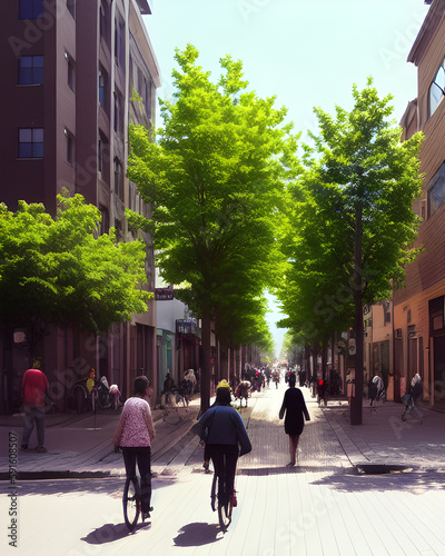 Illustration of people walking on street of megapolis
