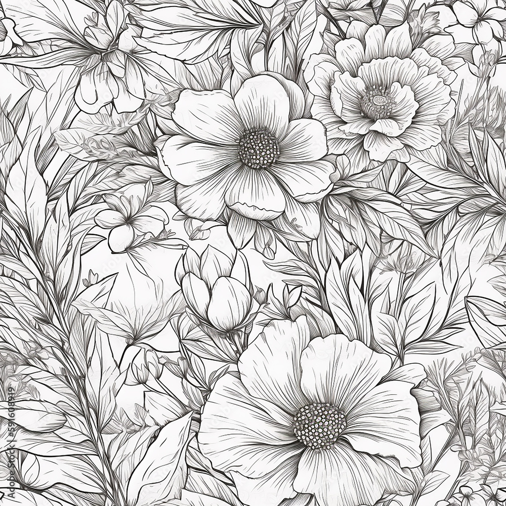 Floral Line Drawing Seamless Repeat Pattern. Generative AI. Floral Line Drawing Seamless Repeat Pattern. Generative AI.