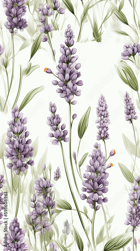 Fototapeta premium Lavender Flowers on White Background Seamless Repeat Pattern. Generative AI.