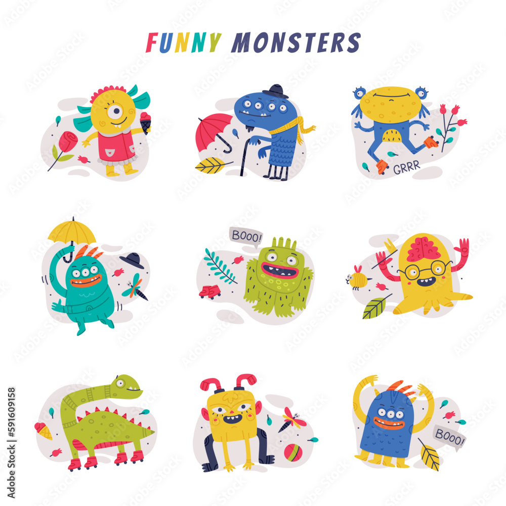 Fototapeta premium Funny Monster with Toothy Mouth and Horns Making Boo and Holding Umbrella Vector Set
