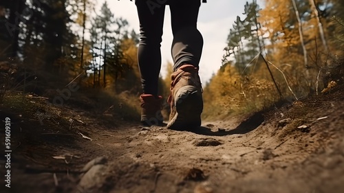 One Step at a Time – A Low Angle Vision of Hiking Legs on a Path