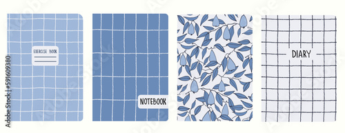 Cover page templates based on patterns with hand drawn pears branches and gridline, toile de jouy style. Backgrounds for notebooks, notepads, diaries. Headers isolated and replaceable
