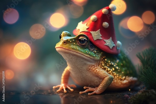 Frog with christmas hat on on bokeh background, created with generative ai