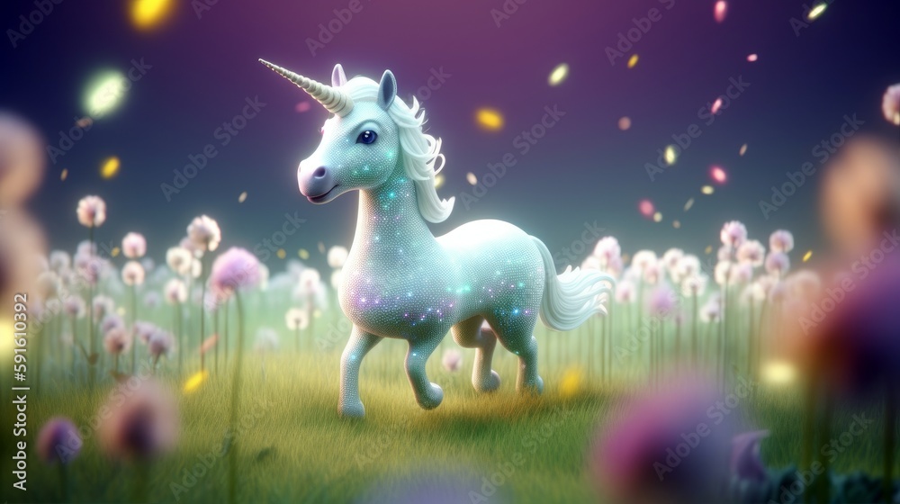 Fototapeta premium A dreamy, cute unicorn prancing through a magical meadow filled with twinkling stars, feeling enchanting and whimsical in a pastel - colored illustration. 3d illustration. Generative ai.