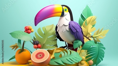 A cheerful, cute toucan perched on a branch, surrounded by exotic fruits in a lush jungle, feeling satisfied and vibrant in a pastel - colored illustration. Generative ai.