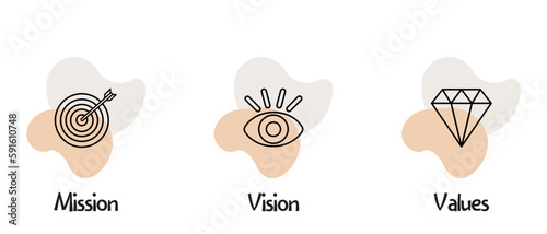 Mission, vision and values icons symbol. Trendy and modern vector illustration in flat style