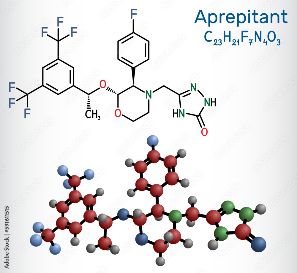 Aprepitant drug molecule. It is used to treat nausea and vomiting caused by chemotherapy and surgery. Structural chemical formula, molecule model. Aprepitant drug molecule. It is used to treat nausea and vomiting caused by chemotherapy and surgery. Structural chemical formula, molecule model.
