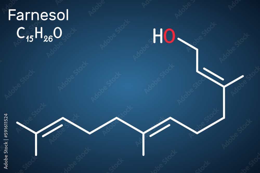 Farnesol molecule. It is derivative of terpenoids. It has a delicate odor and is used in perfumery. Structural chemical formula on the dark blue background. Farnesol molecule. It is derivative of terpenoids. It has a delicate odor and is used in perfumery. Structural chemical formula on the dark blue background.