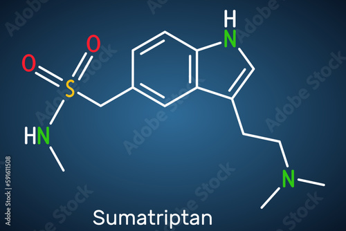 Sumatriptan molecule. It is serotonin receptor agonist used to treat migraines, headache. Structural chemical formula on the dark blue background