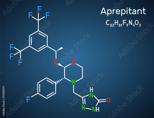 Aprepitant drug molecule. It is used to treat nausea and vomiting caused by chemotherapy and surgery. Structural chemical formula on the dark blue background.