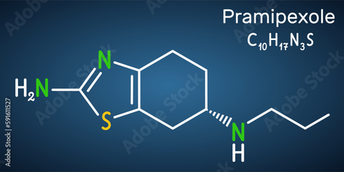 Pramipexole molecule. It is non-ergot dopamine agonist, medication used to treat Parkinson's disease. Structural chemical formula on the dark blue background.