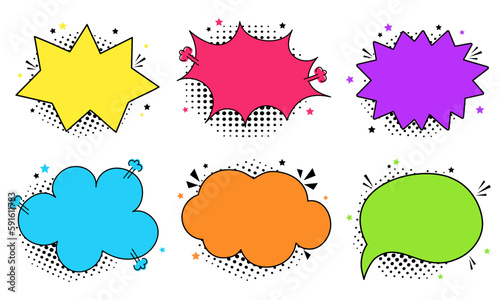 Collection colorful of empty comic speech bubbles with halftone shadows. Hand drawn retro cartoon stickers. Pop art style. Vector illustration