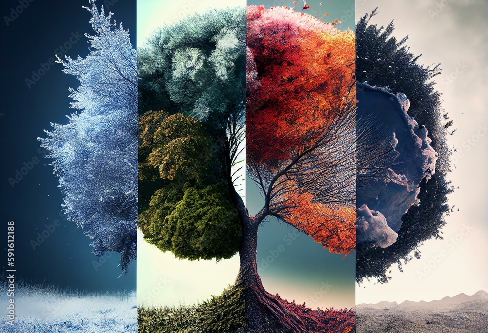 Collage tree with all four seasons depicted: spring, winter, summer ...