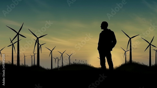 A man stands in front of a wind farm at sunset, saving the Earth Eco world, having a green planet. Generative AI