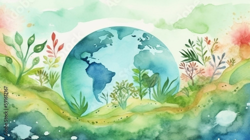 A watercolor painting of the earth with plants and a green planet save the world Eco earth. Generative AI