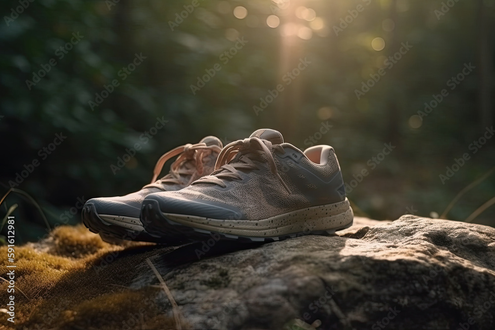 sport shoes in the forest created with Generative AI technology sport shoes in the forest created with Generative AI technology