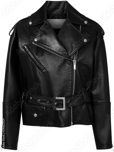 leather biker jacket with studs and zippers in black leather, isolated on transparent or white background, png, mockup		