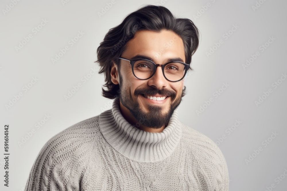 Portrait of a handsome young man in eyeglasses smiling at camera while standing against grey background Portrait of a handsome young man in eyeglasses smiling at camera while standing against grey background