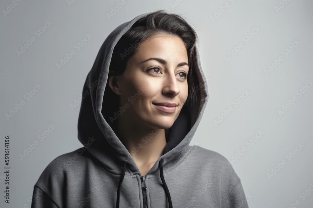 Portrait of a beautiful young woman in a gray hoodie.